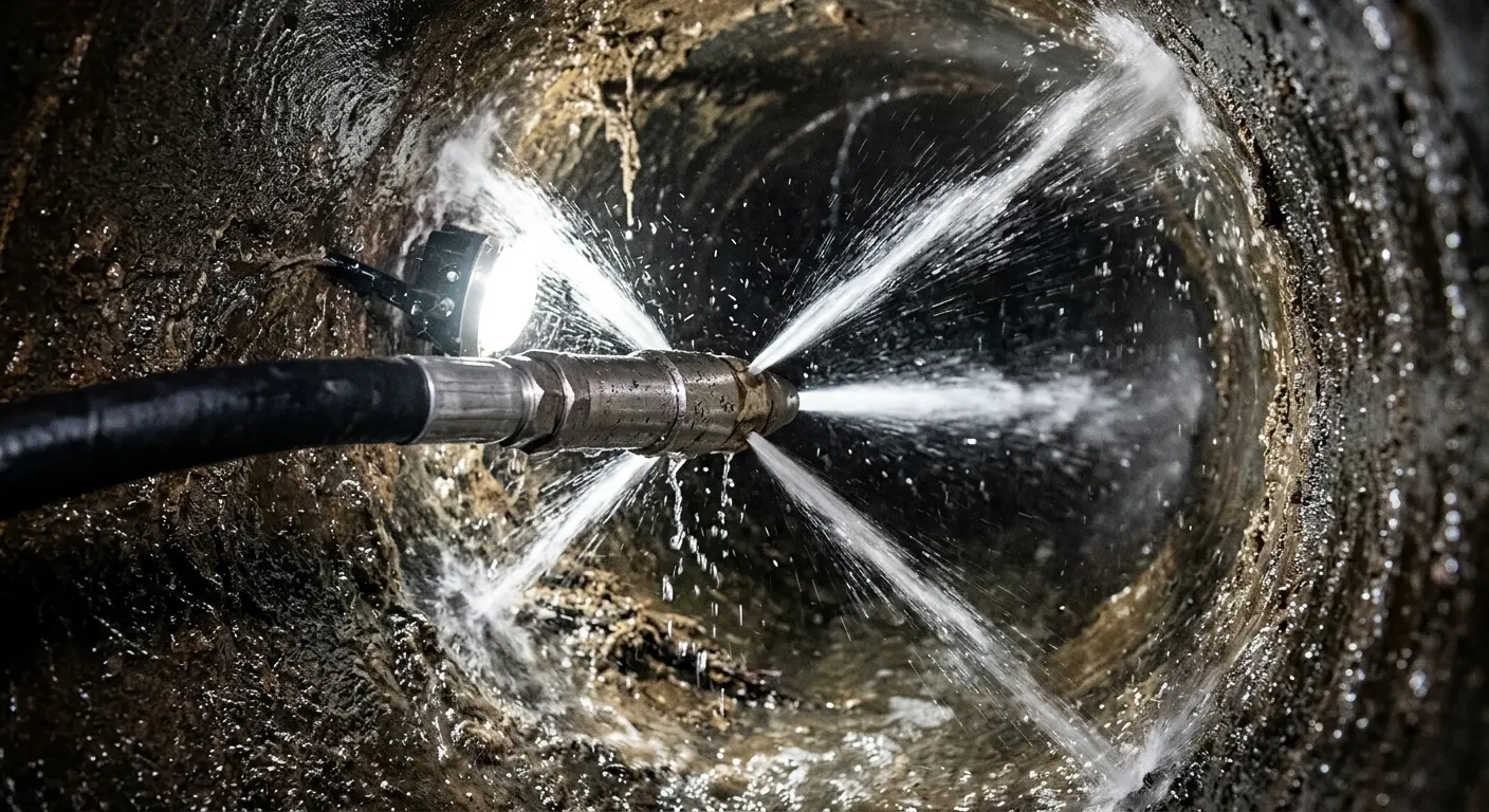 High-pressure hydro jetting nozzle cleaning sewer pipe for Emergency Drain Service in Kittery
