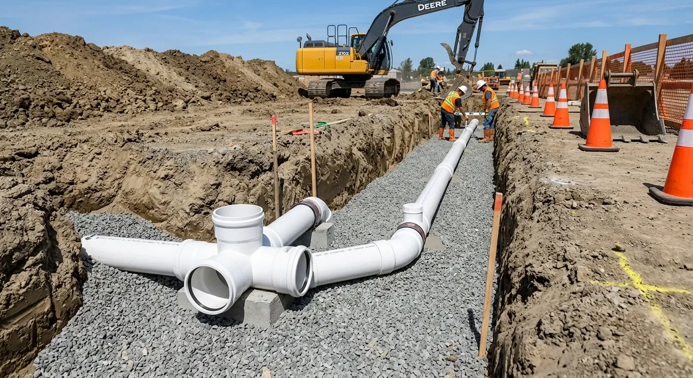 New PVC sewer pipe installation in open trench for Commercial Drain Cleaning in Kittery